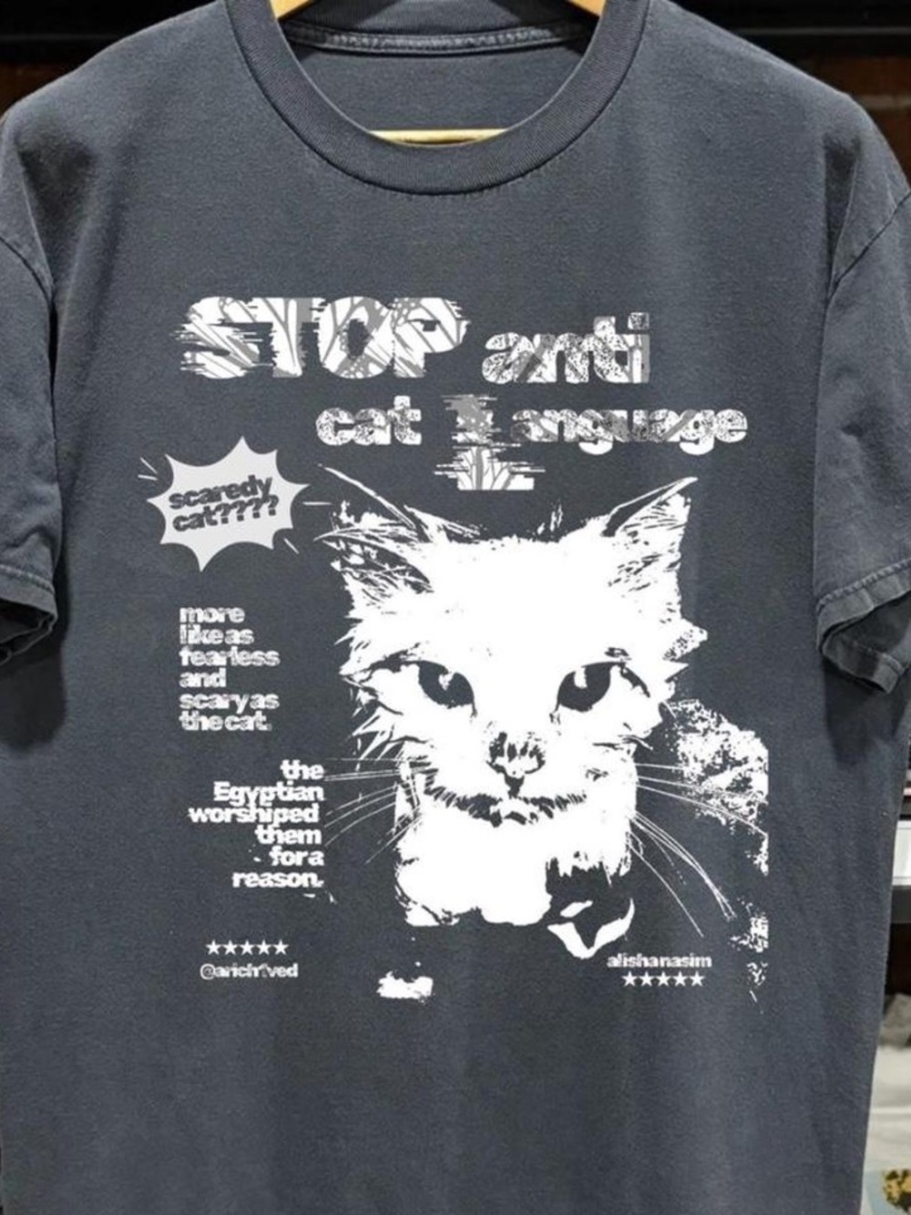 Graphic Cat Tee in grey with White Print